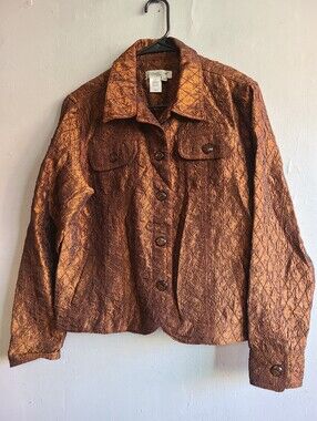 Women's medium dark brown metallic quilted button up jacket Coldwater Creek